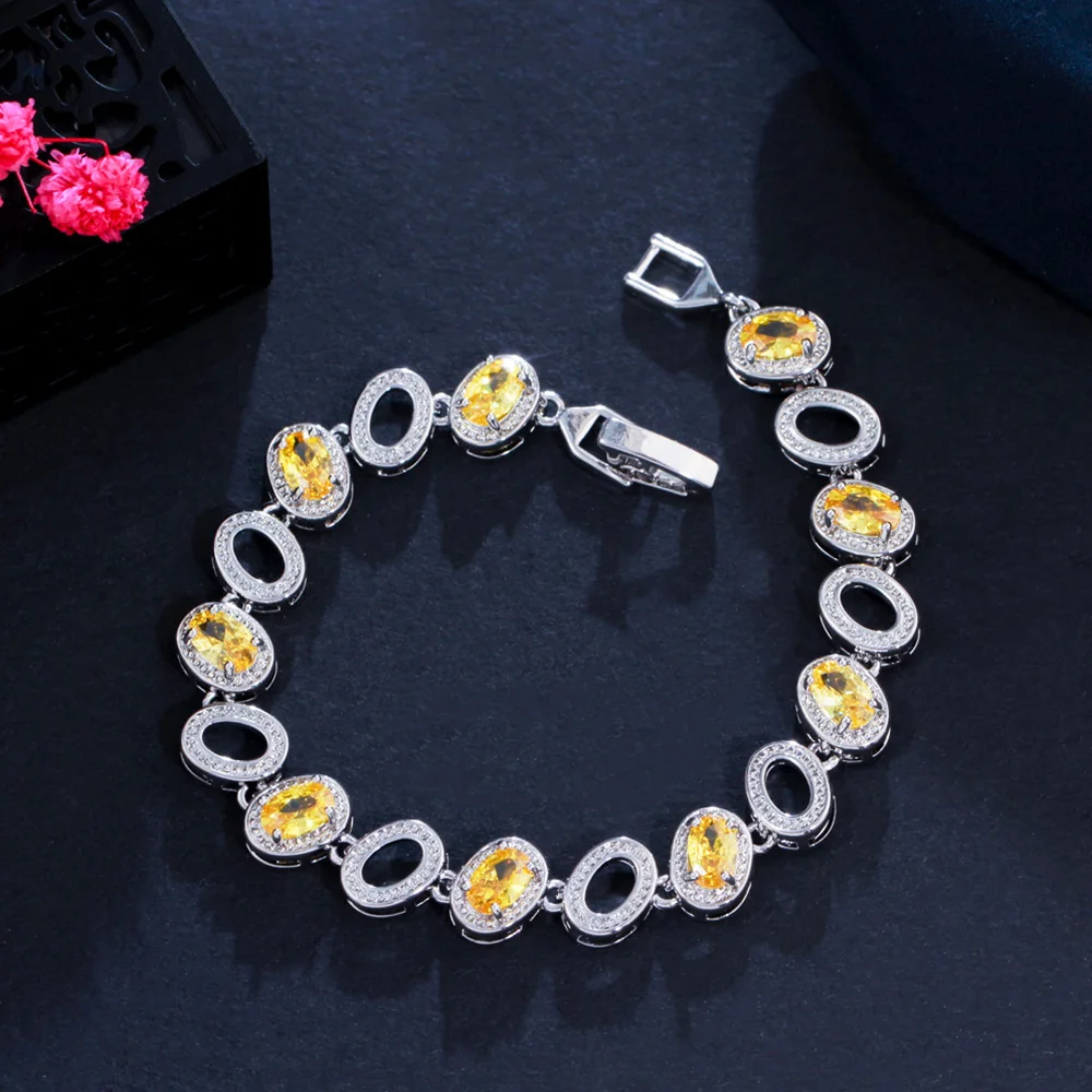 

Pera Popular Yellow Red CZ Crystal Oval Shape Link Chain Bangle Bracelets Anniversary Party Fashion Jewelry Gift for Ladies B223