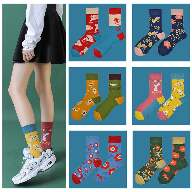 Funny Women Sock AB Asymmetry Combed Cotton Happy Crew Socks Streetwear Flower Color Harajuku Printed Socks