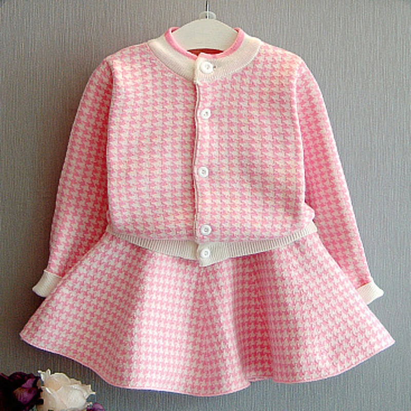 Girls Sets Children'S Clothing Autumn Winter New Plaid Korean Student Suit Knit Cardigan Sweater+ Short Skirt 2pcs Kids Outfits