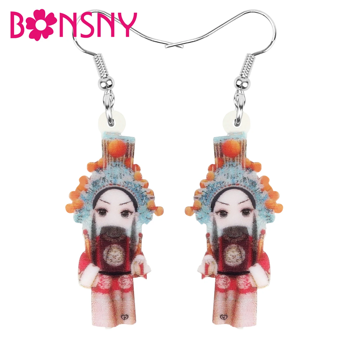 Bonsny Acrylic Chinese Beijing Opera Figure Earrings Big Printing Cute Dangle Drop Jewelry For Women Kid Funny Gift Accessories