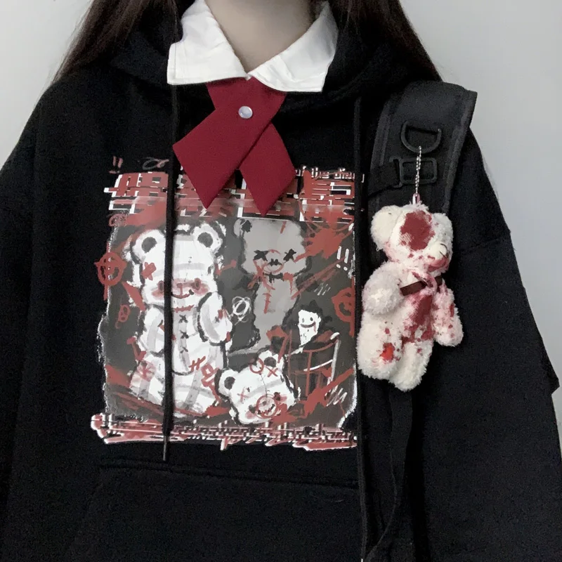 худи Women Loose Black Anime Print Hoodie Long Sleeve Top Punk Vintage Dropshipping Harajuku Japanese Gothic Pullover Sweatshirt