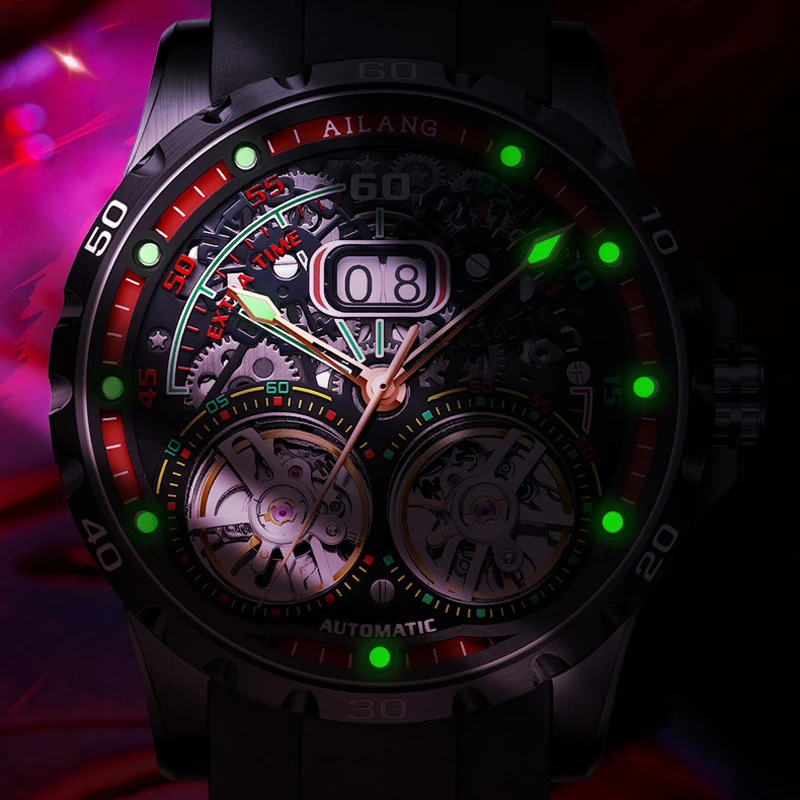 Double Tourbillon Watch Men AILANG Top Luxury Brand Automatic Mechanical Watches Luminous Calendar Silicone Strap Reloj Hombre