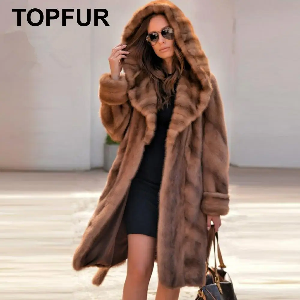 TOPFUR Winter Long Coat Real Fur Coat With Belt Natural Mink Fur Coat With Fur Hood Women Full Sleeves Real Fur Customized