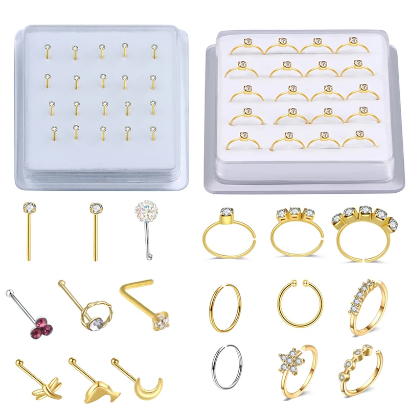 20PCS Box Set Wholesale Nose Studs Ball End Pin Straight Needle Nose Hoop Rings Gold Plated Nose Ring Nose Bone Piercing Jewelry