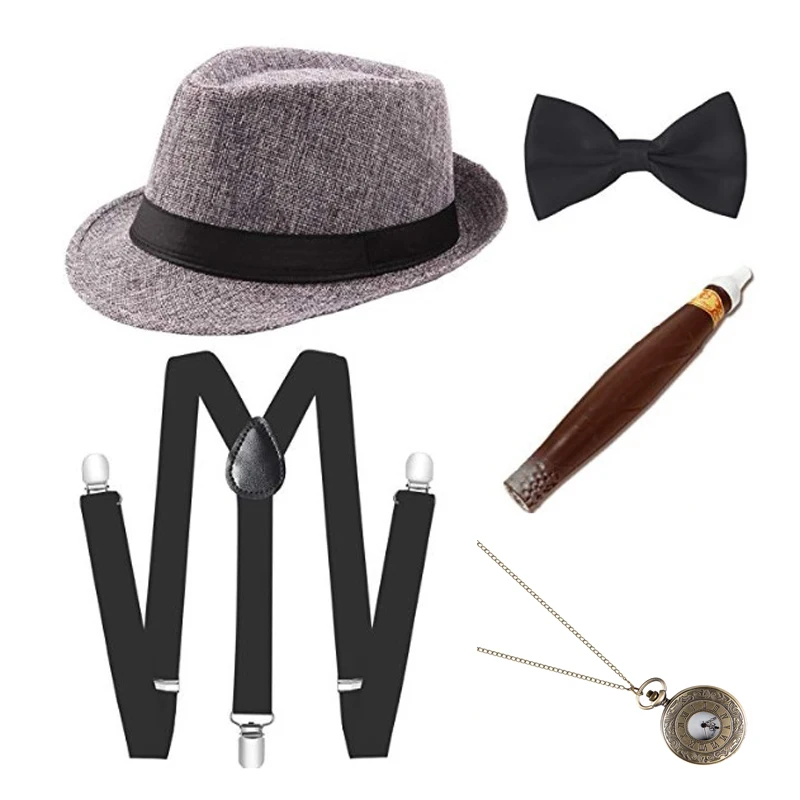 1920S Mens Great Gatsby Accessories Set Roaring 20s 30s Retro Gangster Costume tie hat