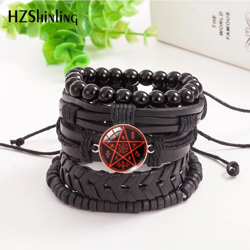 Multilayer Weave Leather Bracelet Hellsing Alucard Pentagram Pattern Glass Cabochon Charm Lace-up Bracelet Jewelry Accessories