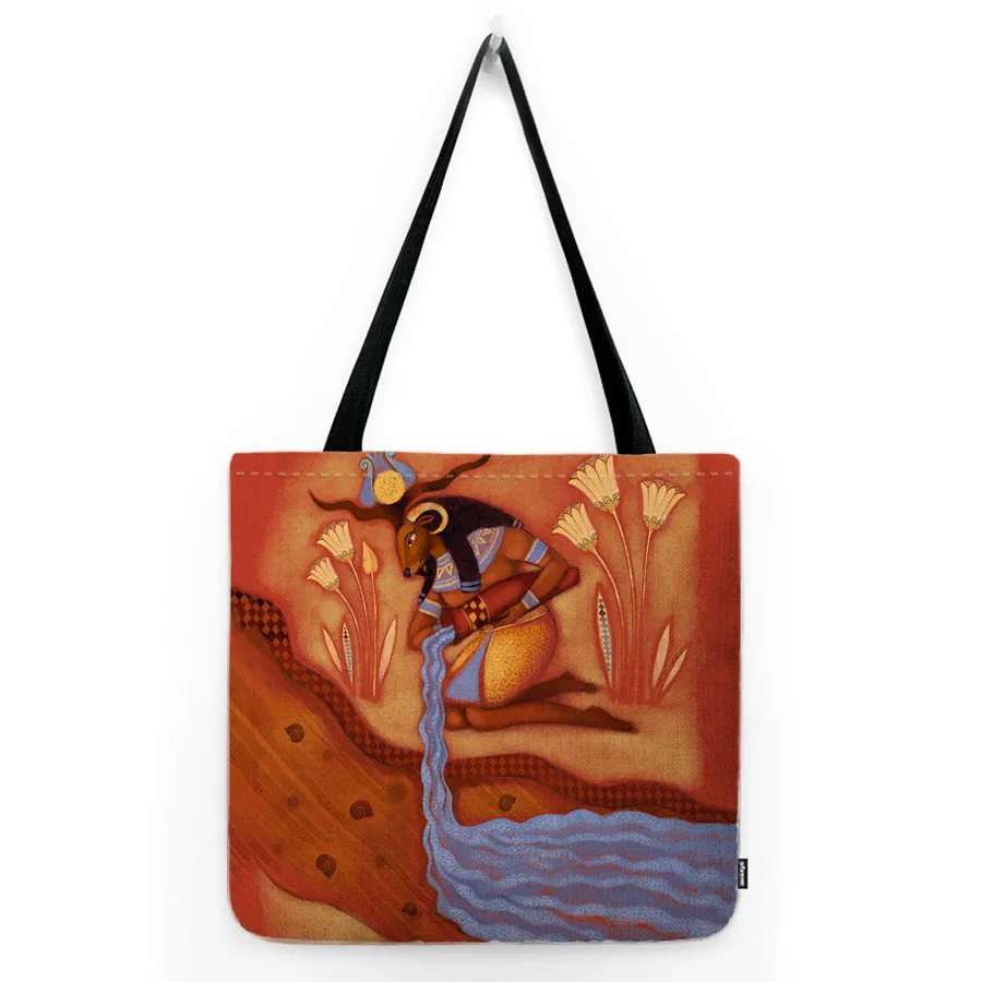 African Ancient Egyptian Pharaoh Art Cartoon Unique Design Water Resistant Cotton Linen Shoulder Carrying Bag Shopper Tote Bag