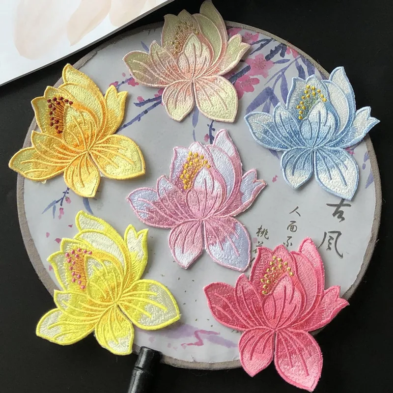 1Pcs Blue Lotus  Flower Embroidery Patches Iron Or Sew for Clothing Applique DIY Hat Coat Dress Pants Accessories Cloth Sticker