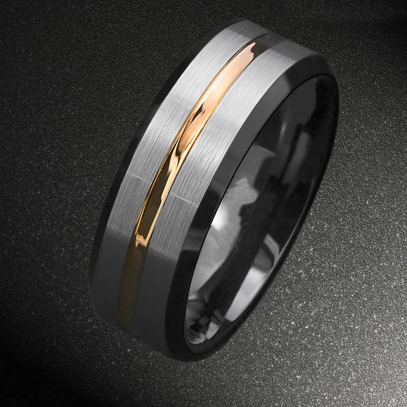 8mm Fashion Brushed Black Ring Simple Stripe Stainless Steel Ring Men Wedding Band