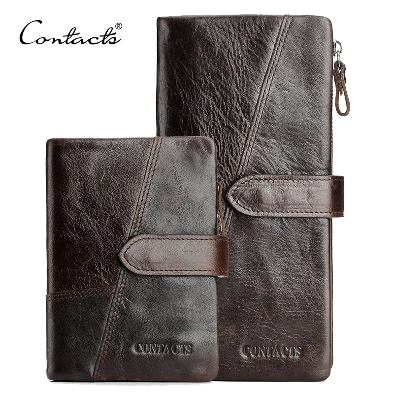 CONTACT'S Genuine Crazy Horse Cowhide Leather Men Wallets  Fashion Purse With Card Holder Vintage Long Wallet Clutch Wrist Bag