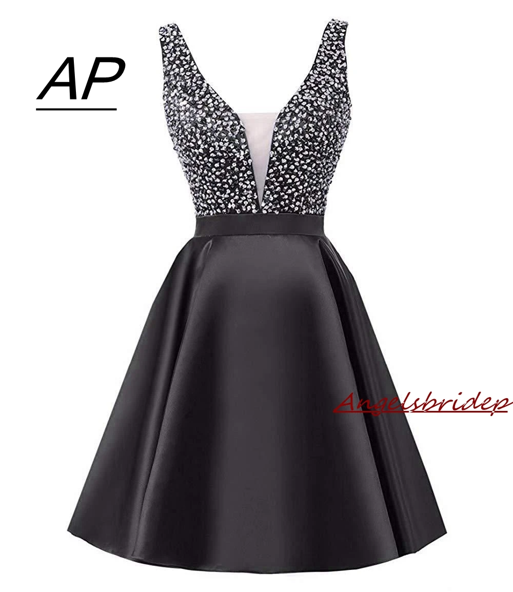 

ANGELSBRIDEP Sexy Deep V-Neck Short Homecoming Dresses Party Gowns Backless Beads Satin Vestidos De Festa Graduation Formal
