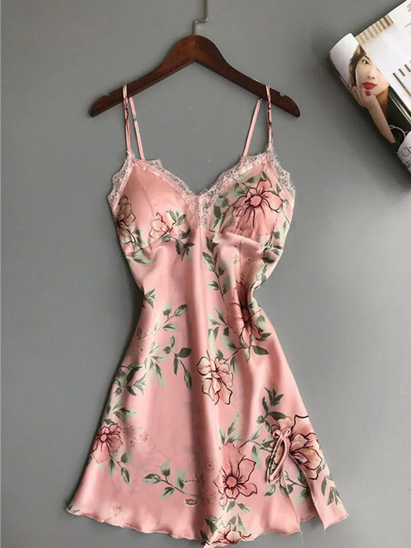 2019 Sexy Women Floral Satin Silk Nightdress V-Neck Gecelik  Lace Sleepwear Dress Print Nightgowns