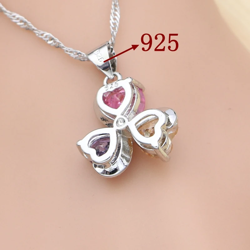Heart Shape 925 Silver Jewelry Sets For Women Multicolor Cubic Zirconia Ring Bracelet Necklace Pendant Earrings Silver Kit