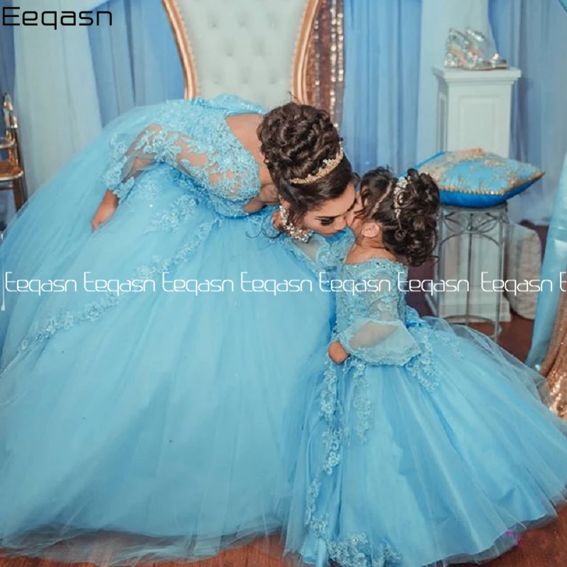 Eeqasn Prinzessin Arabisch Licht Blau Quinceanera Kleider 2020 Spitze Applique Schatz Prom Kleider Spitze-up Süße 16 Party Kleid