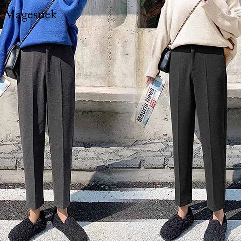 

Women Nine Point Loose Suit Pants Grey Casual Trousers Woolen Autumn and Winter Solid Straight Harlan Pants Pantalones 11996