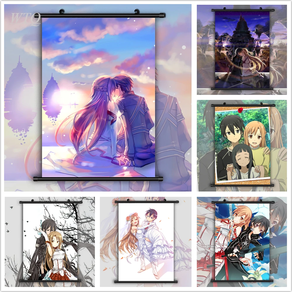 Anime Posters Sword Art Online Anime Kirigaya Kazuto Yuuki Asuna Retro Poster Canvas Painting Decor Wall Art Picture Home Decor