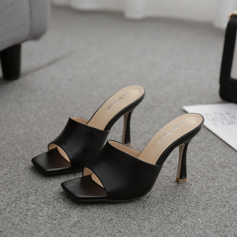 New 2020 Summer Women Slipper Square Toe Thin High Heel Ladies Sandal Mules High Quality Elegant Dress Shoes Slides