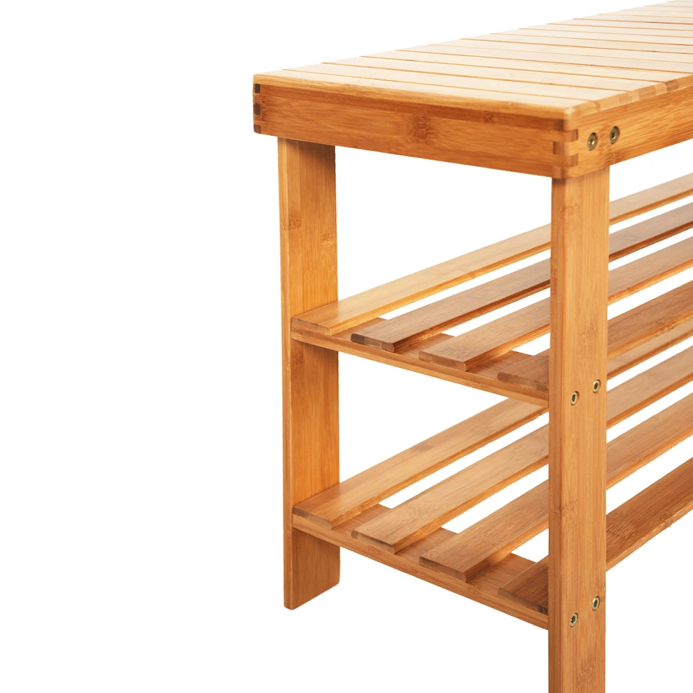 Shoes Changing Stool Shoe Rack Shelf Stand 90CM Bamboo Strip Pattern 3 Tiers Wood Color[US-Stock]