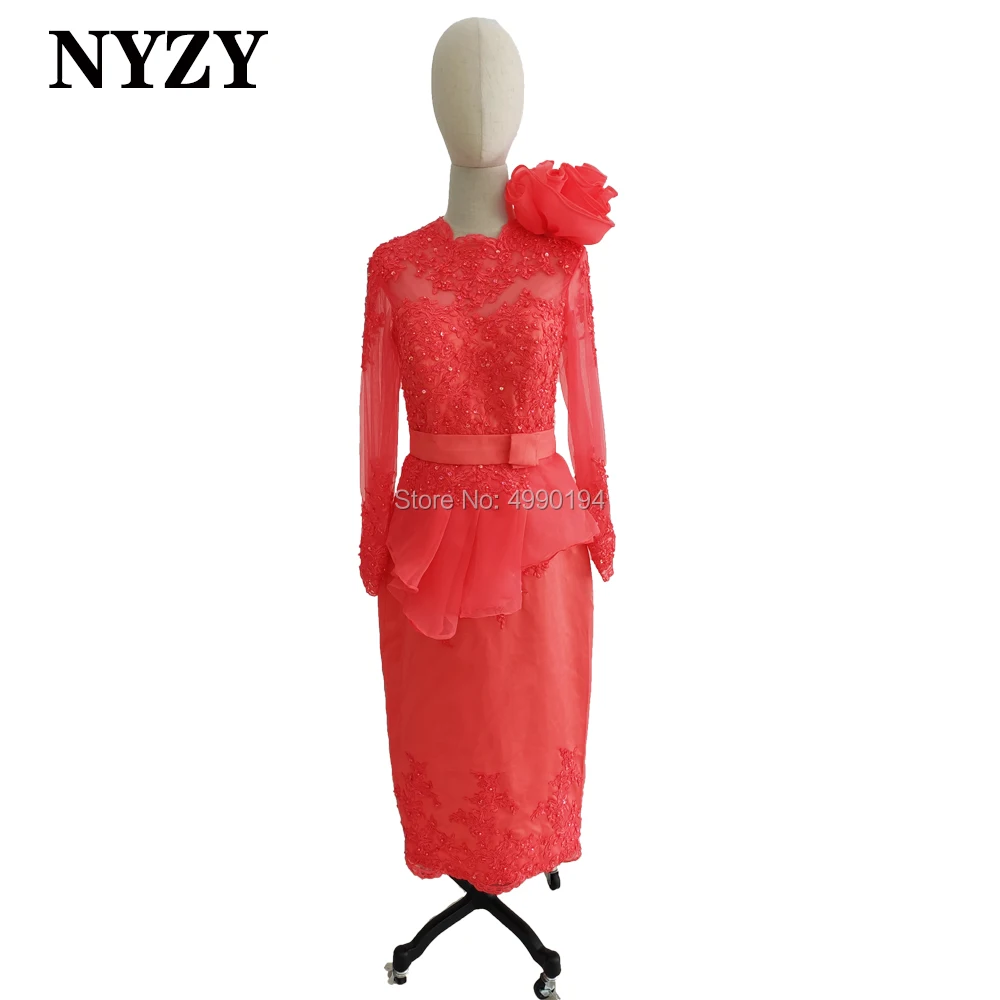 

NYZY E253D Tea Length Long Sleeves Red Lace Evening Dresses Long 2020 vestidos elegantes robe de soiree Party Gown