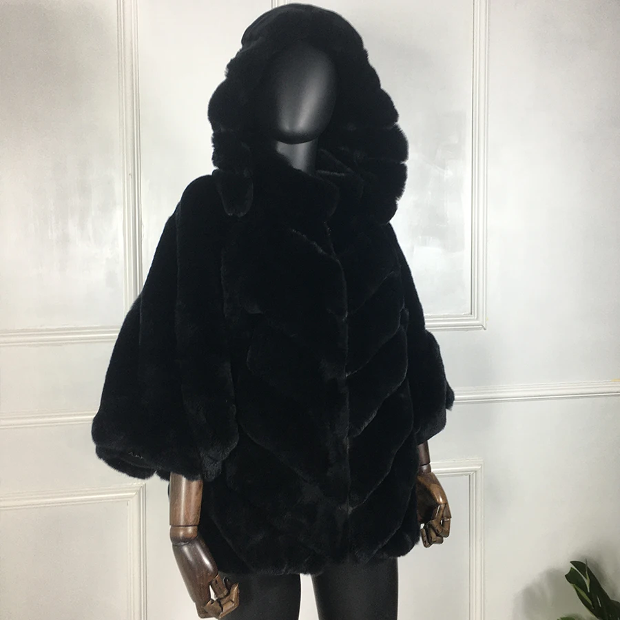 

Real Fur Coat With Hood Women Natural Rex Rabbit Fur Jacket Warm Winter Batwing Sleeve Fashion New Style Detachable Hood