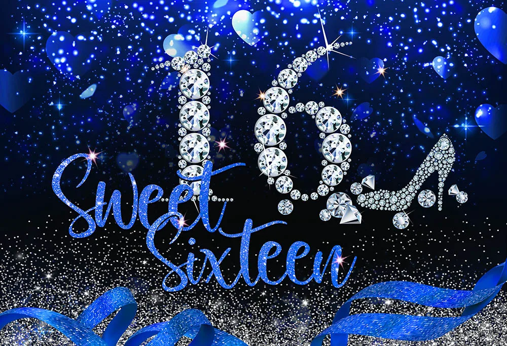 Blue Glitter Happy Birthday Backdrop Sweet Sliver High Heels Champagne Woman's Birthday Photography Background Photo Backdrops