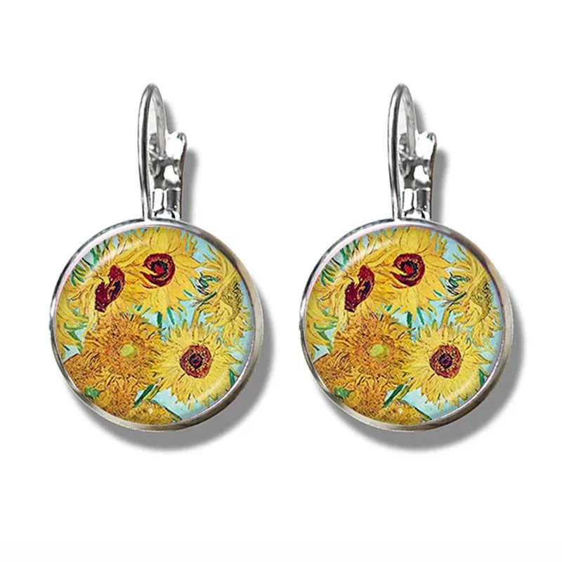 Van Gogh Sunflowers Art Vintage Solver-plated Earrings Glass Cabochon Dome Stud Earrings Jewelry For Women Girls Gift