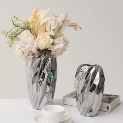 Nordic Home Decoration Plating Silver Ceramic Vase Abstract Craft Home Office Living Room Soft Geometric Flower Vase