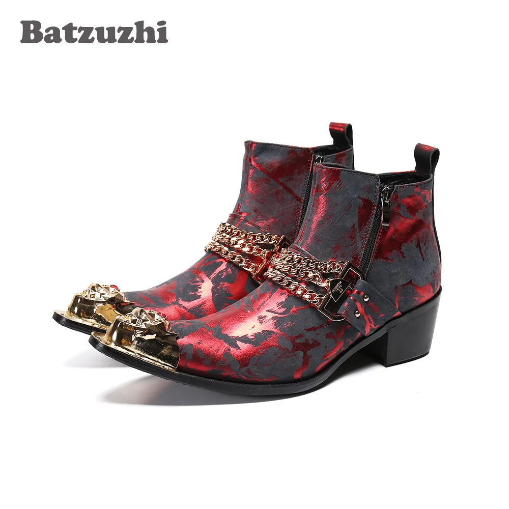 Batzuzhi Formal Leather Ankle Boots Men Punk Men's Boots Golden Pointed Metal Tip Wine Red Party and Wedding Motorcycle Boot Men