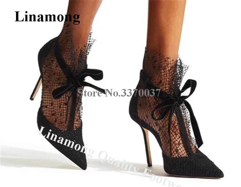 

Linamong Women Elegant Pointed Toe Black Mesh Stiletto Heel Pumps Luxury Lace-up High Heels Wedding Dress Shoes