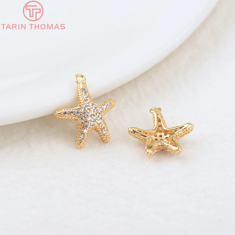 (1424) 4PCS 14x13MM 24K Gold Color Brass and Zircon Starfish Charms Pendants High Quality Diy Jewelry Findings Accessorie