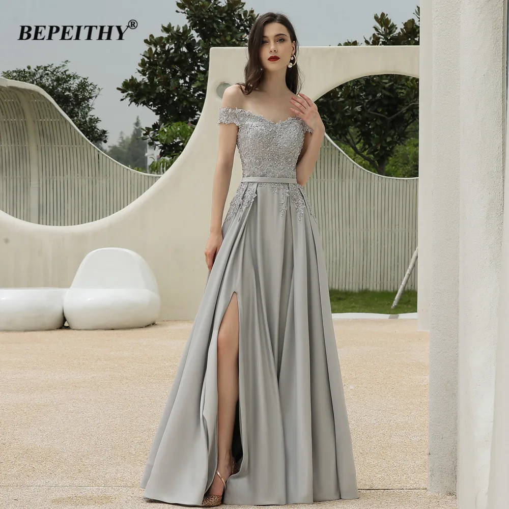 BEPEITHY Customized Off The Shoulder Sliver Evening Dresses Party For Women Sexy Beading Floor Length Prom Dress High Slit 2023