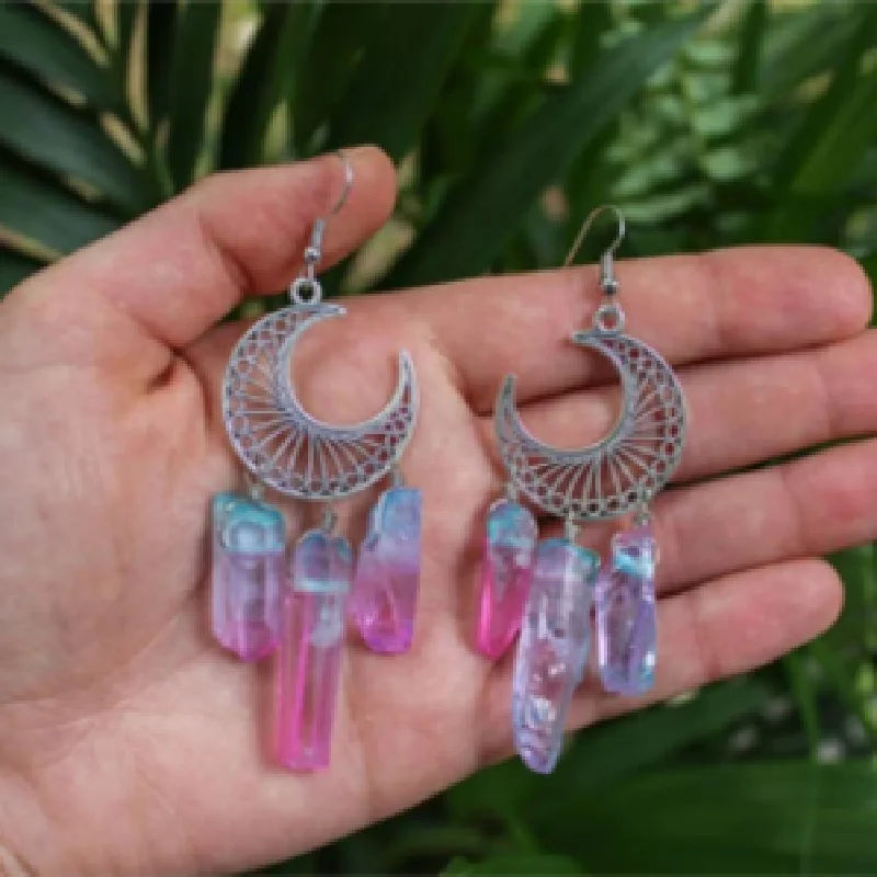 Goth Witchy Rainbow Quartz Stone Crescent Moon Earring Wicca Healing Crystal Magic Protection Celestial Statement Gift Trend