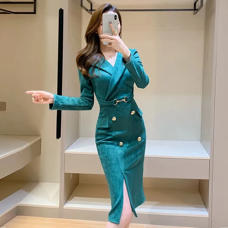 Autumn And Winter Female Thickened Dress 2021 New Women's Suit Collar Temperament Waist And Thin Mid-Length Hip-Pack Dress WC106 - Image 3