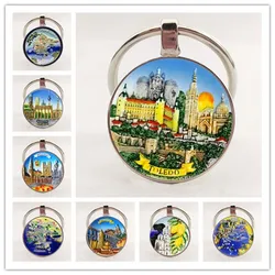 Charm 25MM Keychain Europe Mediterranean Greece Spain France Glass Drawing Keychain Men and Women Jewelry Gifts