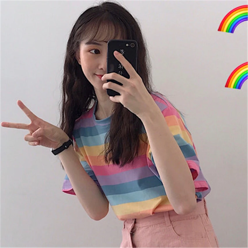 

Casual t-shirt loose rainbow striped O-neck short-sleeved women t-shirt tops female t shirt cloth