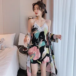 CYNTHRA Robes Sets Ladies Night Gown Autumn Cotton Sexy Print Plus Size 2XL Sling Hawaiian Loose 2 Pieces Female Nightdress Set