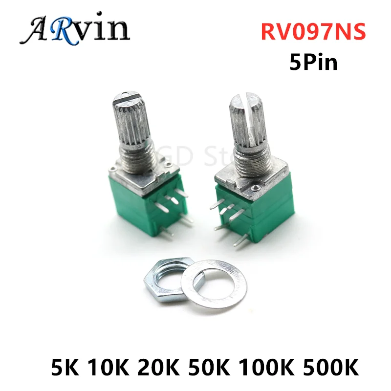 5Pcs RV097NS 5K 10K 20K 50K 100K 500K with a Switch Audio 5Pin Shaft 15mm Amplifier Sealing Potentiometer