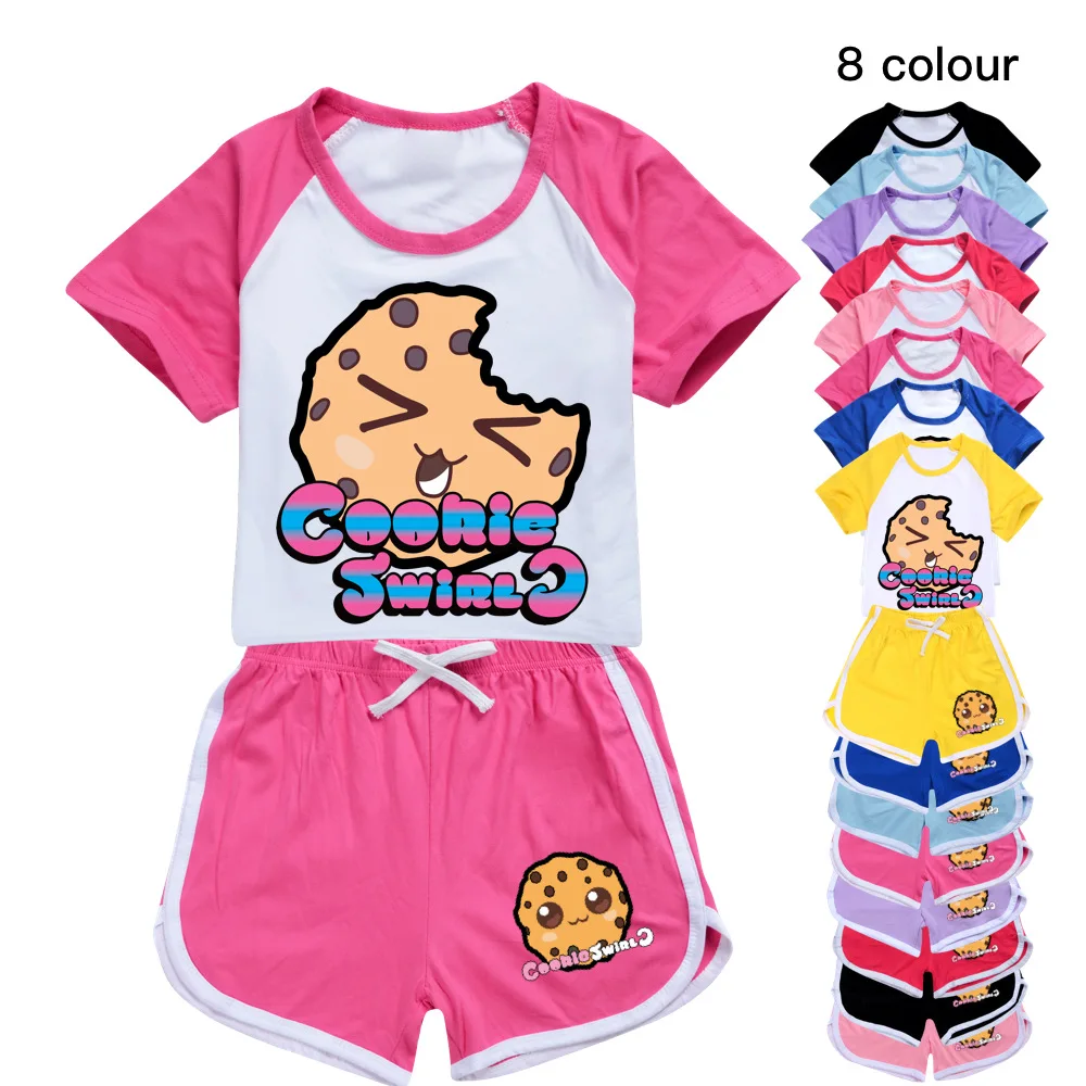 COOKIE SWIRL C Kids Boutique Clothing Polyester Girls Outfits Baby Boys Tshirt + Shorts Sport Suit Baby Child Tops Ware 2-15Y