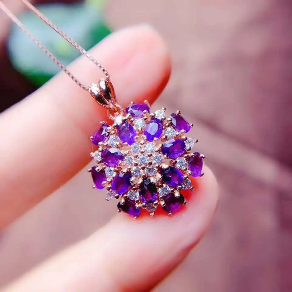 

Flower Amethyst Pendant Natural Real Amethyst necklace Solid S925 Sterling Silver For Women Colour Gem Stone Fine Jewelry