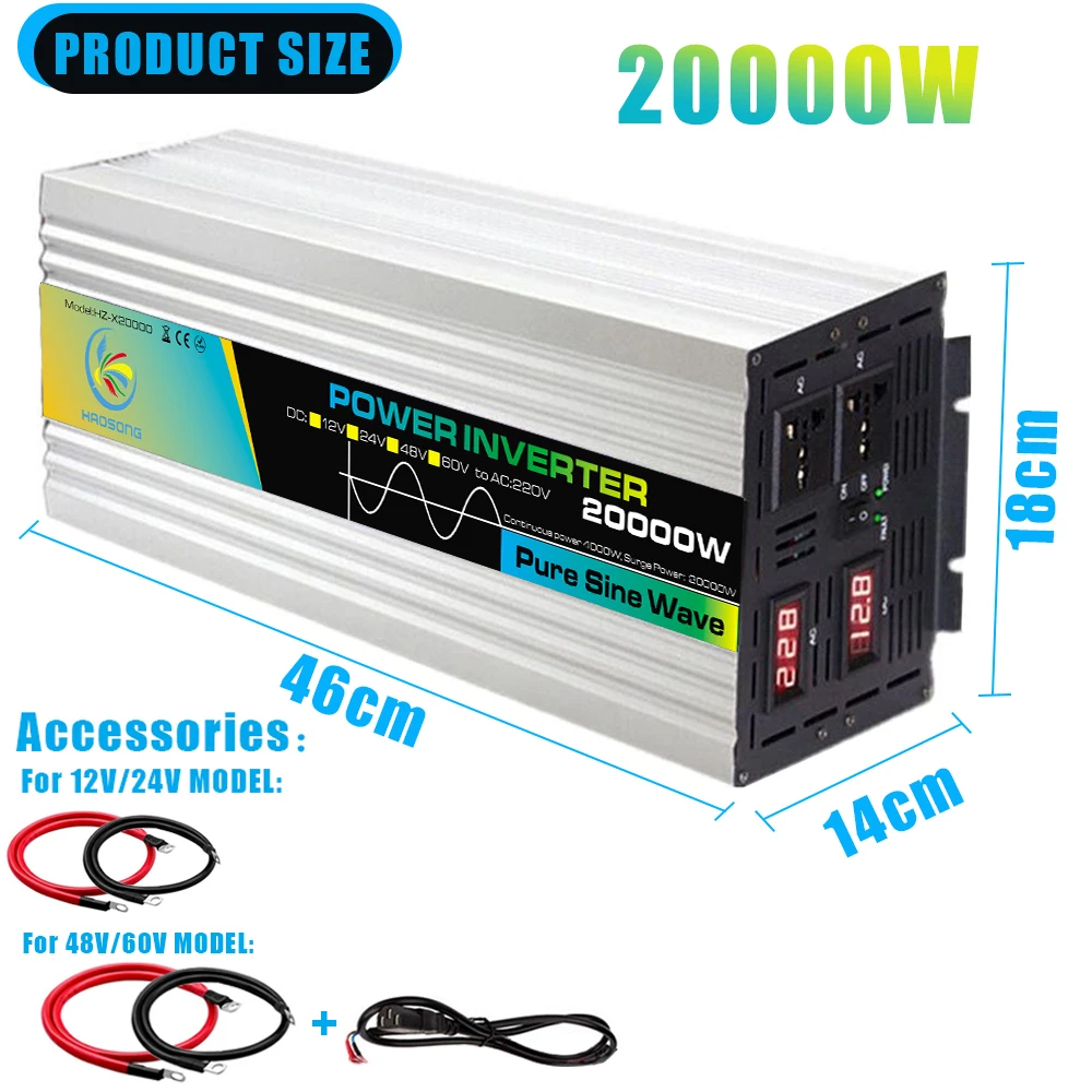 Pure Sine Wave Power Inverter 4000W DC 12V 24V 48V 60V to AC 220V Peak 20000W Inversor 12 V 220 V Convertor for Air Conditioner