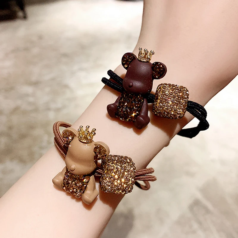 The New Brown Coffee Color Crown Czech Diamond Bear Hair Ring Full Of Diamond Square Hair Rope Ball Head Rope