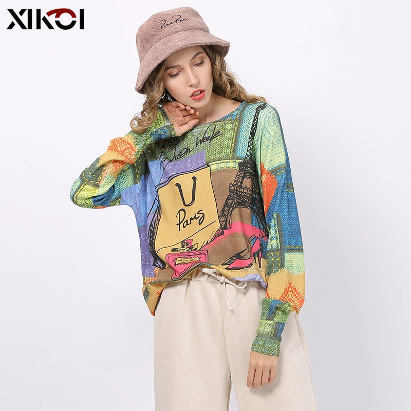 New XIKOI Winter Novel Print Sweater Women Pullovers Knitted O-Neck Jumper Women Oversized Warm Sweaters High Elastic Pull Femme