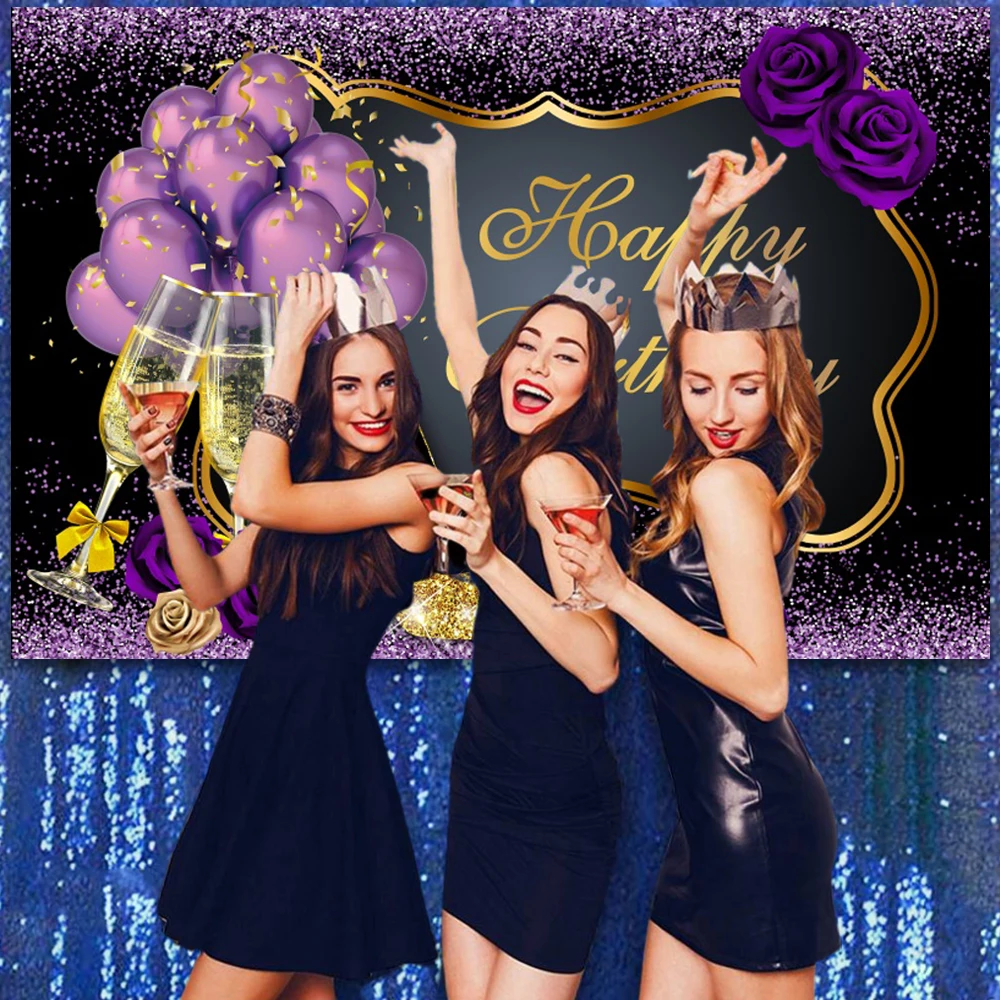 Happy Birthday Backdrop For Women Men Boys Girls Gold Glitter Balloons Beer Wine Pink High Heels Custom Photography Background