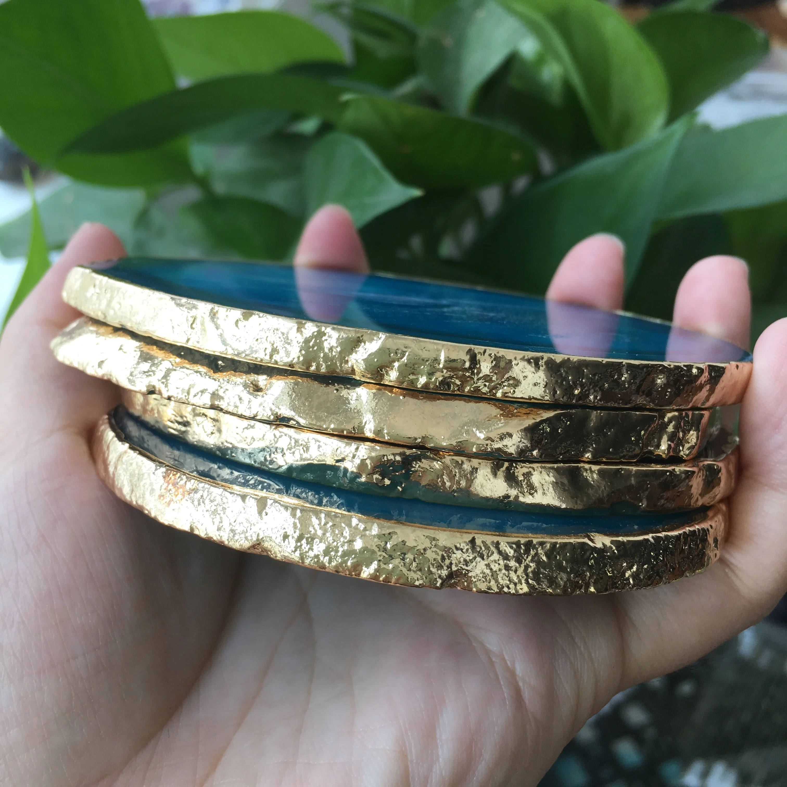 1pcs natural agate Geode piece insulated coasters crystal board jade agate coasters with gold-plated lace mineral trim