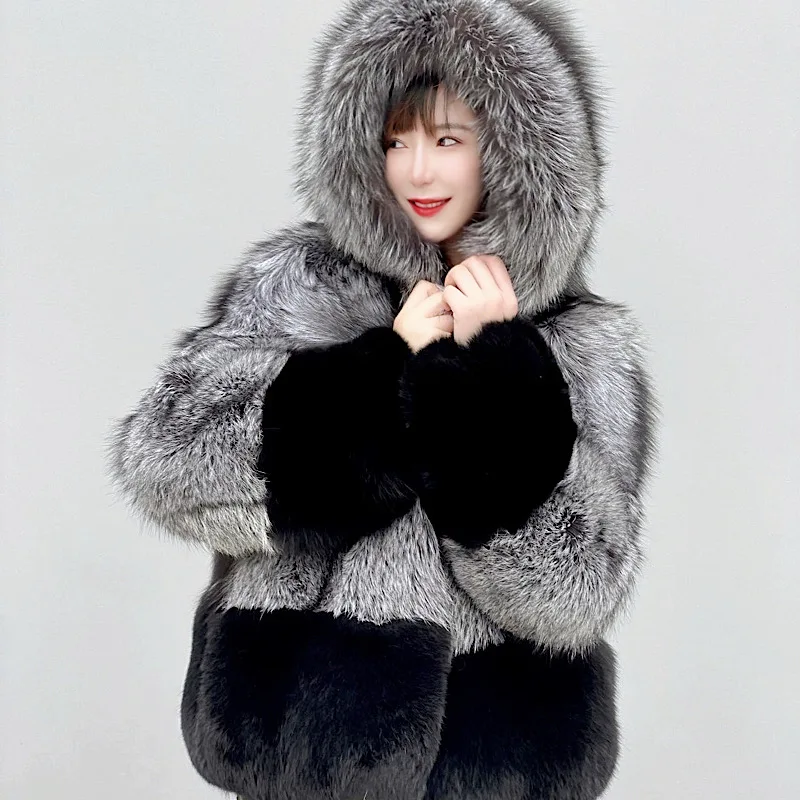 

2021 New Real Featured Whole Leather Real Sliver Fox Fur Whole skin Fox Design Women's Short Coat Simple Street Warm