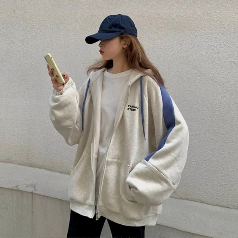 Spring autumn thin Hoodies Jacket women loose Korean fashion Harajuku BF lazy style zipper lovers interesting casual Street Coat