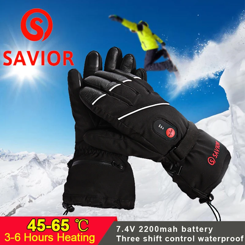 SAVIOR 7.4V Battery Pack 3 Levels Electric Rechargeable Heated Gloves Waterproof Cycling Skiing Gloves Warm Winter Thick Thermal