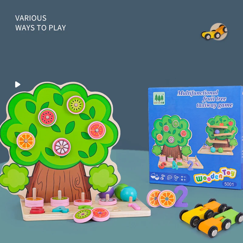 

Multifunctional Fruit Tree Taxiway Game Wooden Toy Montessori Numbers Digital Educational Toys Gliding Track Car 3Y+