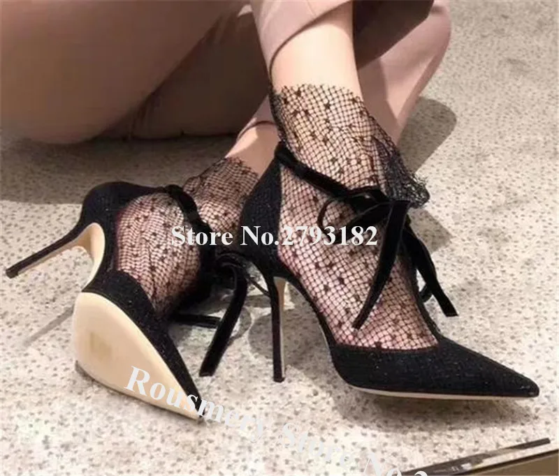 Women Luxury Pointed Toe Black Mesh Stiletto Heel Pumps Charming Lace-up High Heels Formal Wedding Shoes Dress Shoes