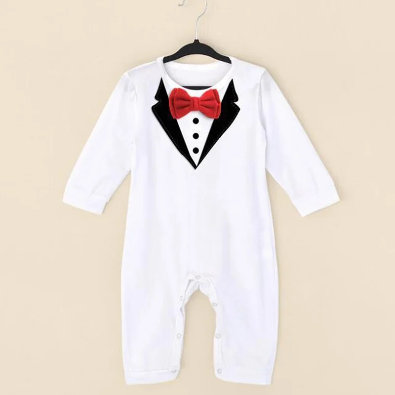 Baby Boy Gentlemen Rompers Bow Tie 0-12M Infant Kids Jumpsuit Black White Gray Tie Print Formal Newborn Short Sleeve Clothes